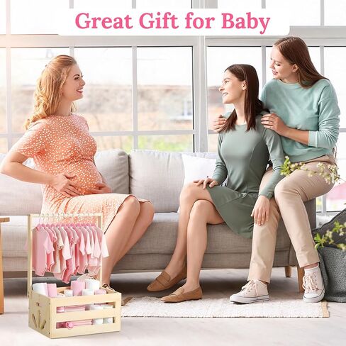 Wooden Baby Shower Basket, Baby Shower Crate Closet Natural Wood Babies Gifts Basket with Hanger Rack Welcome Gift Baskets for Newborn Boys Girls - Assembly Required in Kuwait