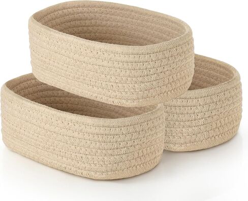Dahey 3 Pcs Mini Oval Woven Storage Baskets for Organizing, Small Cotton Rope Organizers for Toys, Shelves & Closets, Cute Decorative Empty Baskets Bins for Gifts, Nursery Home Decor, Beige in Kuwait