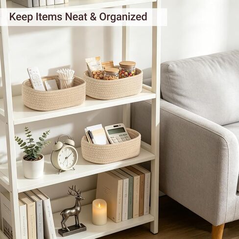 Dahey 3 Pcs Mini Oval Woven Storage Baskets for Organizing, Small Cotton Rope Organizers for Toys, Shelves & Closets, Cute Decorative Empty Baskets Bins for Gifts, Nursery Home Decor, Beige in Kuwait