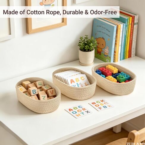 Dahey 3 Pcs Mini Oval Woven Storage Baskets for Organizing, Small Cotton Rope Organizers for Toys, Shelves & Closets, Cute Decorative Empty Baskets Bins for Gifts, Nursery Home Decor, Beige in Kuwait