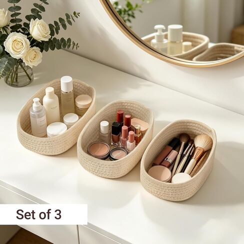 Dahey 3 Pcs Mini Oval Woven Storage Baskets for Organizing, Small Cotton Rope Organizers for Toys, Shelves & Closets, Cute Decorative Empty Baskets Bins for Gifts, Nursery Home Decor, Beige in Kuwait
