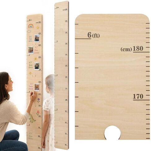 Growth Chart for Wall, Wooden Height Chart for Room Wall Decor, Adjustable Height Measurement Ruler with Non-Mark Adhesive, Dual Scale Wood Decor in Kuwait