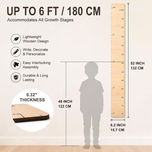 Growth Chart for Wall, Wooden Height Chart for Room Wall Decor, Adjustable Height Measurement Ruler with Non-Mark Adhesive, Dual Scale Wood Decor in Kuwait