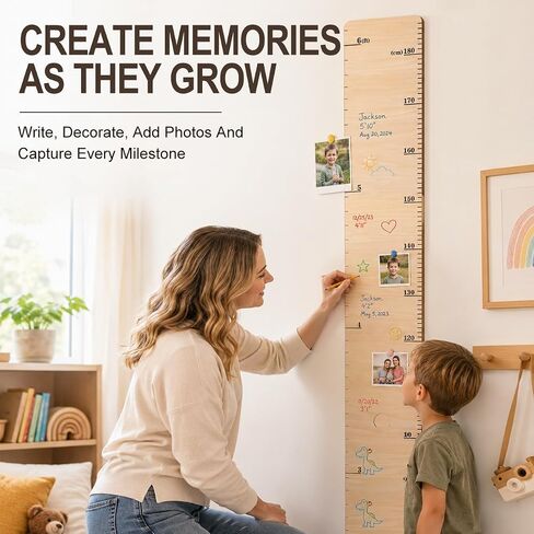 Growth Chart for Wall, Wooden Height Chart for Room Wall Decor, Adjustable Height Measurement Ruler with Non-Mark Adhesive, Dual Scale Wood Decor in Kuwait