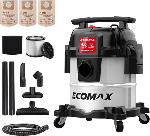 ECOMAX 5 Gallon Ultra Quiet Stainless Steel Shop Vacuum Wet and Dry | 4 Peak HP, 80% Quieter Operation, Durable Long Life Motor, Portable Vacuum for Garage, Workshop, Jobsite, Complete Accessory in Kuwait
