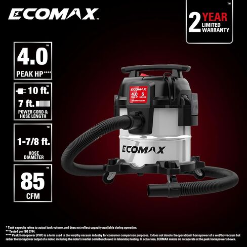 ECOMAX 5 Gallon Ultra Quiet Stainless Steel Shop Vacuum Wet and Dry | 4 Peak HP, 80% Quieter Operation, Durable Long Life Motor, Portable Vacuum for Garage, Workshop, Jobsite, Complete Accessory in Kuwait
