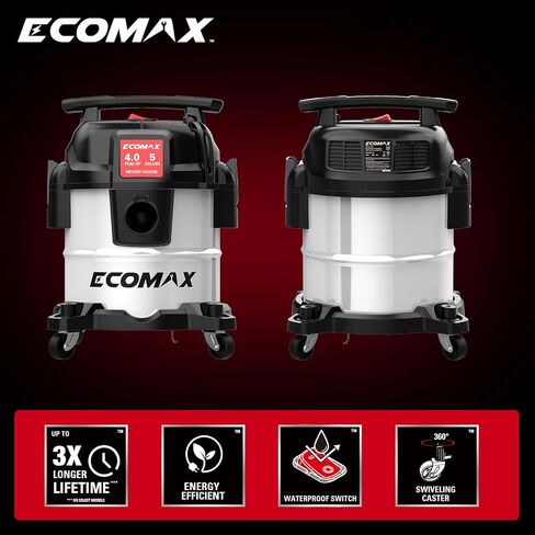 ECOMAX 5 Gallon Ultra Quiet Stainless Steel Shop Vacuum Wet and Dry | 4 Peak HP, 80% Quieter Operation, Durable Long Life Motor, Portable Vacuum for Garage, Workshop, Jobsite, Complete Accessory in Kuwait