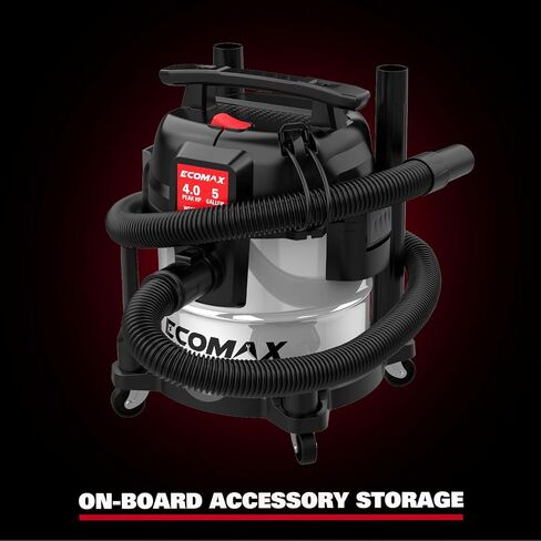 ECOMAX 5 Gallon Ultra Quiet Stainless Steel Shop Vacuum Wet and Dry | 4 Peak HP, 80% Quieter Operation, Durable Long Life Motor, Portable Vacuum for Garage, Workshop, Jobsite, Complete Accessory in Kuwait