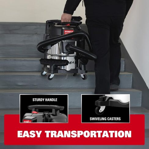 ECOMAX 5 Gallon Ultra Quiet Stainless Steel Shop Vacuum Wet and Dry | 4 Peak HP, 80% Quieter Operation, Durable Long Life Motor, Portable Vacuum for Garage, Workshop, Jobsite, Complete Accessory in Kuwait