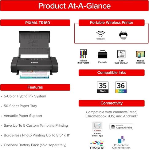 Canon PIXMA TR160 Mobile Printer for Travel, Remote Work, Invoices, Contracts, Letter Documents, Wireless Printing from Laptop and Phone (7069C002) + Cleaning Kit (6pc Bundle) in Kuwait