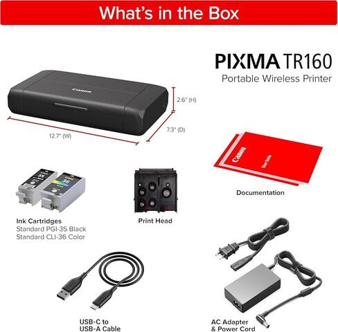 Canon PIXMA TR160 Mobile Printer for Travel, Remote Work, Invoices, Contracts, Letter Documents, Wireless Printing from Laptop and Phone (7069C002) + Cleaning Kit (6pc Bundle) in Kuwait