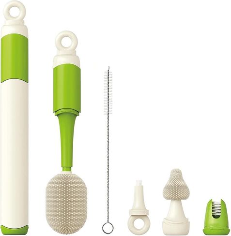 Baby Bottle Brush Set for Baby Bottles, 5 Cleaning Tools with Silicone Bottle and Nipple Brush Heads, Straw Brush, Detail Brush, Cup Rim Cleaner, Integrated Travel Storage, (Green) in Kuwait