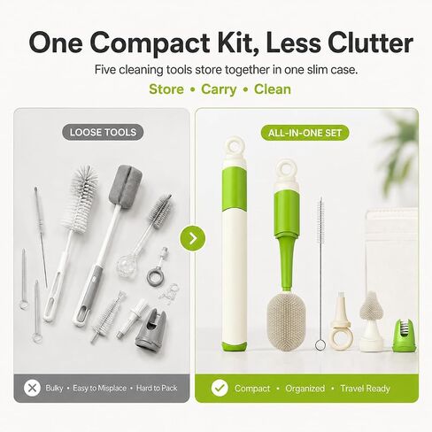 Baby Bottle Brush Set for Baby Bottles, 5 Cleaning Tools with Silicone Bottle and Nipple Brush Heads, Straw Brush, Detail Brush, Cup Rim Cleaner, Integrated Travel Storage, (Green) in Kuwait