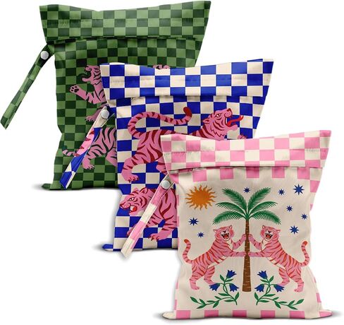 Retro Geometric Print Wet Dry Bag, Reusable Washable Waterproof Wet Bag for Swimsuit Diaper Dirty Clothes, Set of 3, Portable Storage Pouch for Travel Beach Pool Gym Camping, Cute Boho Lover Gifts in Kuwait