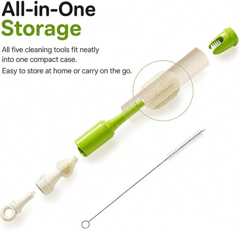 Baby Bottle Brush Set for Baby Bottles, 5 Cleaning Tools with Silicone Bottle and Nipple Brush Heads, Straw Brush, Detail Brush, Cup Rim Cleaner, Integrated Travel Storage, (Green) in Kuwait