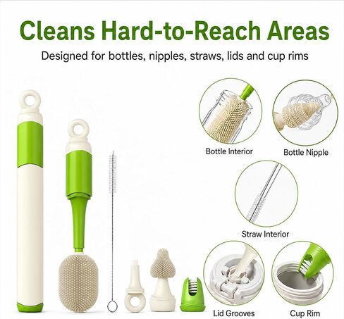 Baby Bottle Brush Set for Baby Bottles, 5 Cleaning Tools with Silicone Bottle and Nipple Brush Heads, Straw Brush, Detail Brush, Cup Rim Cleaner, Integrated Travel Storage, (Green) in Kuwait