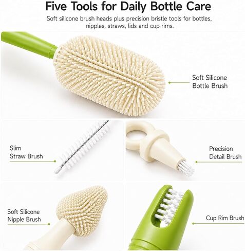 Baby Bottle Brush Set for Baby Bottles, 5 Cleaning Tools with Silicone Bottle and Nipple Brush Heads, Straw Brush, Detail Brush, Cup Rim Cleaner, Integrated Travel Storage, (Green) in Kuwait
