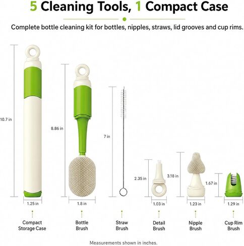 Baby Bottle Brush Set for Baby Bottles, 5 Cleaning Tools with Silicone Bottle and Nipple Brush Heads, Straw Brush, Detail Brush, Cup Rim Cleaner, Integrated Travel Storage, (Green) in Kuwait
