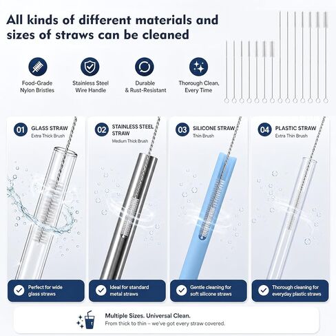 14 Pack Straw Cleaner Brush Set, 8 Inch and 12 Inch Multi-Size Flexible Nylon Cleaning Brushes, Rust-Proof Stainless Steel for Tumbler Cup, Sippy Cup, Water Bottle and Pipe in Kuwait