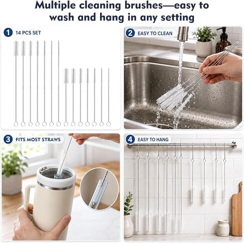 14 Pack Straw Cleaner Brush Set, 8 Inch and 12 Inch Multi-Size Flexible Nylon Cleaning Brushes, Rust-Proof Stainless Steel for Tumbler Cup, Sippy Cup, Water Bottle and Pipe in Kuwait