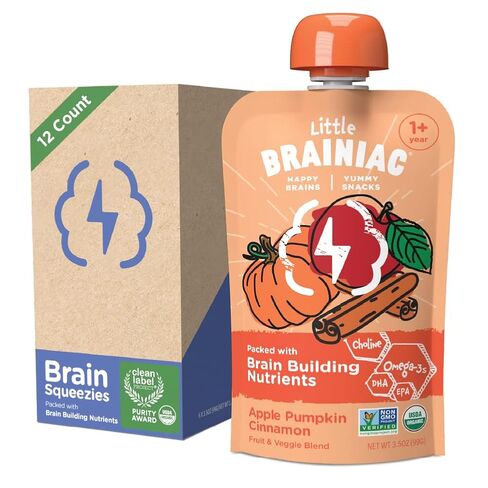 Little Brainiac Variety Pack Organic Fruit & Veggie Snack Brain Boosting Toddler Pouches, Two Flavor Variety Pack, with Omega-3s DHA/EPA and Choline, Clean Label, BPA-Free, Non-GMO, 3.5 oz, Pack of 12 in Kuwait