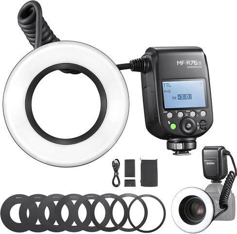GODOX MF-R76N TTL Macro Ring Flash for Nikon TTL/M Mode 5900K 76Ws 2.4G Wireless Control 550 Full-Power Flashes 0.1-1s Recycle Time Dual-Flash Tubes with LCD Screen for Inscet Plant Jewelry Shooting in Kuwait
