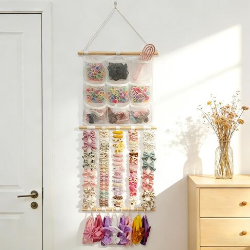 No Drill Hair Bow Holder for Girls Toddlers, Wall Hanging Storage with 9 Mesh Pockets 5 Straps 8 Detachable Hooks, Hair Accessories Organizer for Kids Room Nursery Daycare Classroom in Kuwait