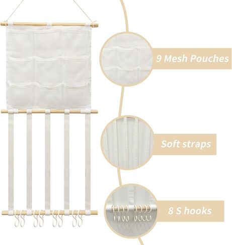 No Drill Hair Bow Holder for Girls Toddlers, Wall Hanging Storage with 9 Mesh Pockets 5 Straps 8 Detachable Hooks, Hair Accessories Organizer for Kids Room Nursery Daycare Classroom in Kuwait