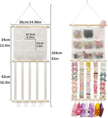 No Drill Hair Bow Holder for Girls Toddlers, Wall Hanging Storage with 9 Mesh Pockets 5 Straps 8 Detachable Hooks, Hair Accessories Organizer for Kids Room Nursery Daycare Classroom in Kuwait