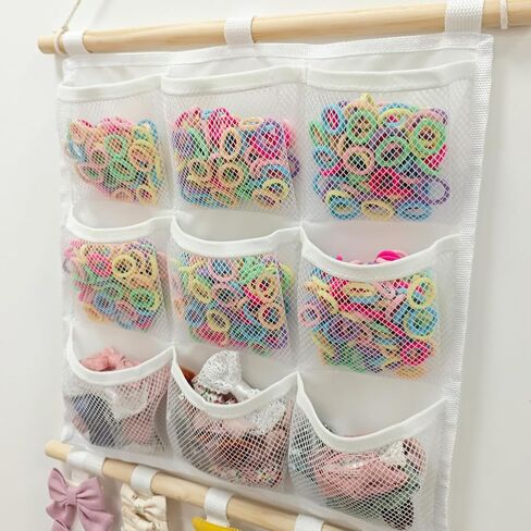 No Drill Hair Bow Holder for Girls Toddlers, Wall Hanging Storage with 9 Mesh Pockets 5 Straps 8 Detachable Hooks, Hair Accessories Organizer for Kids Room Nursery Daycare Classroom in Kuwait