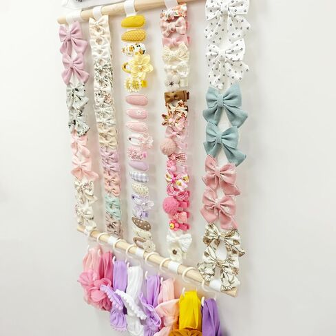 No Drill Hair Bow Holder for Girls Toddlers, Wall Hanging Storage with 9 Mesh Pockets 5 Straps 8 Detachable Hooks, Hair Accessories Organizer for Kids Room Nursery Daycare Classroom in Kuwait