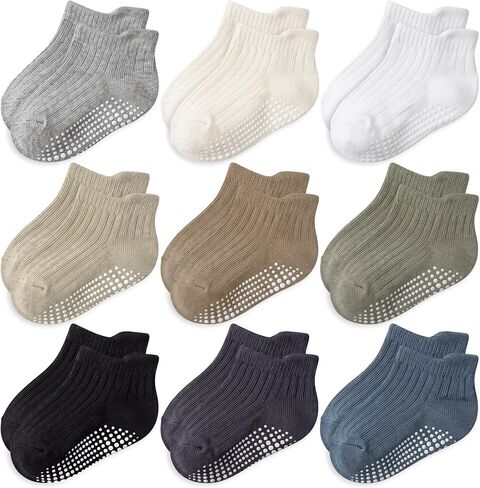 Toddler Socks Grip for Boy: Full Foot Enhanced Non Slip Grippers | for Walking - Baby Kids 3 Months - 5 Years (6/9 Pack) in Kuwait
