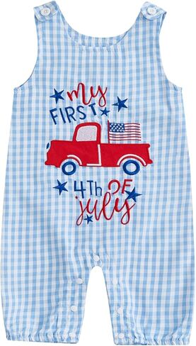 Baby Girl Boy 4th Of July Clothes Sleeveless Letters Truck Printed Overall Shorts Infant Jumpsuit Summer in Kuwait