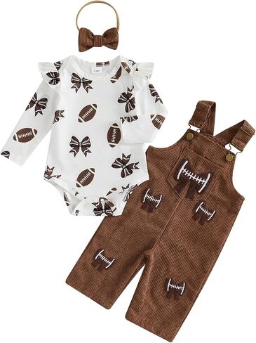 Baby Girl Fall Outfit Football Romper Suspender Overalls Pant Set | Ribbed Knit Jumpsuit Rugby Ruffle Long Sleeve Overall Corduroy Pants Cute Autumn Winter Clothes With Headhand 3pcs Sets in Kuwait