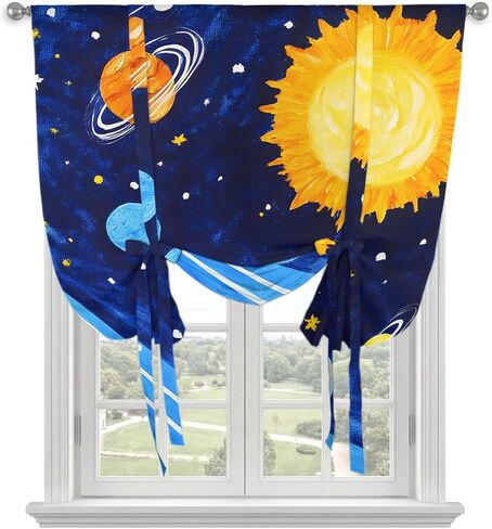 Cartoon Space Tie Up Curtains for Small Windows,Adjustable Rod Pocket Blue Night Sky Mystical Star Sun Planets Valance 45 Inch Short, Window Treatment Balloon Roman Blind Shade, 34" x 45" in Kuwait