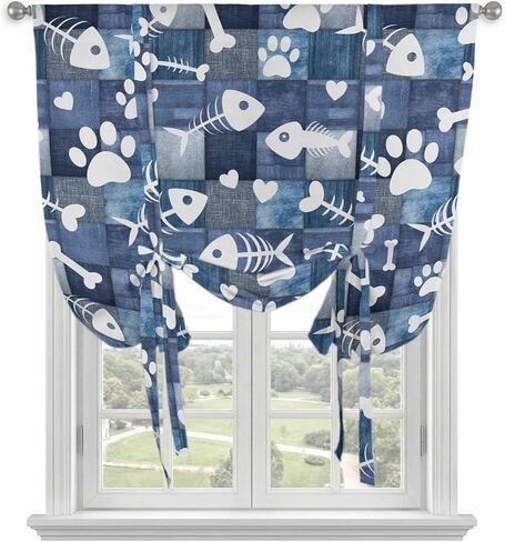 Cartoon Coastal Tie Up Curtains for Small Windows,Adjustable Rod Pocket Black Love Bones Animals Paw Print Valance 45 Inch Short, Window Treatment Balloon Roman Blind Shade, 34" x 45" in Kuwait