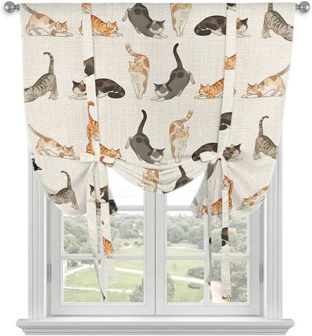 Cartoon Cats Tie Up Curtains for Small Windows,Adjustable Rod Pocket Funny Cute Kitty Animals Light Yellow Valance 45 Inch Short, Window Treatment Balloon Roman Blind Shade, 34" x 45" in Kuwait