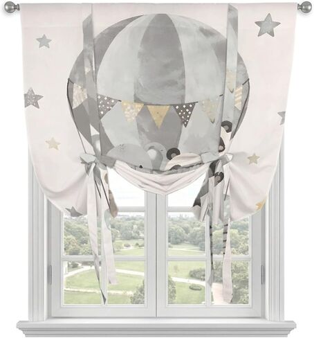 Panda Elephant Tie Up Curtains for Kitchen Windows,Adjustable Rod Pocket Cartoon Grey Hot Air Balloons Bear Rabbit Valance 63 Inch Long, Window Treatment Balloon Roman Blind Shade, 52" x 63" in Kuwait