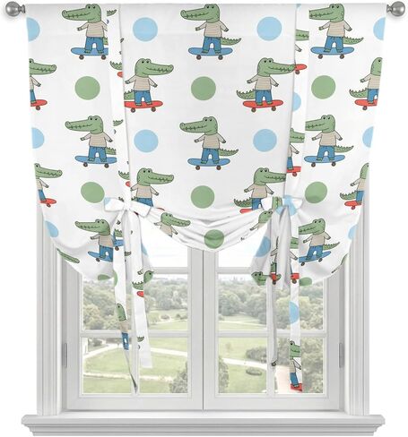 Funny Dinosaurs Tie Up Curtains for Small Windows,Adjustable Rod Pocket Cartoon Cute Animals Green Blue Dots Valance 45 Inch Short, Window Treatment Balloon Roman Blind Shade, 34" x 45" in Kuwait