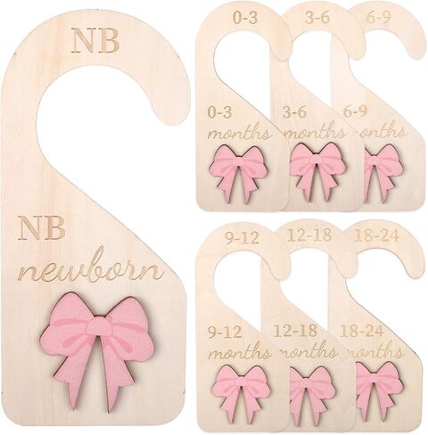 7 Pieces Wooden Baby Closet Dividers - 3D Coquette Pink Bow Baby Clothes Dividers for Closet Newborn Clothes Organizer Double-Sided Wardrobe Hanger Nursery Decor Birthday Gift (0-24 Months) in Kuwait