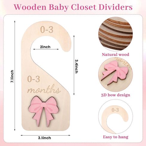 7 Pieces Wooden Baby Closet Dividers - 3D Coquette Pink Bow Baby Clothes Dividers for Closet Newborn Clothes Organizer Double-Sided Wardrobe Hanger Nursery Decor Birthday Gift (0-24 Months) in Kuwait
