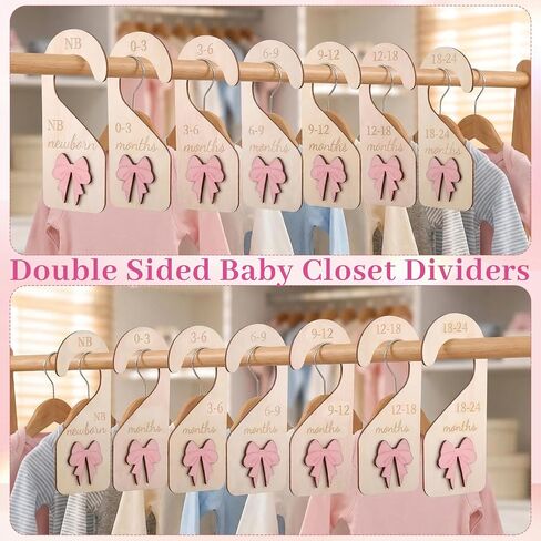 7 Pieces Wooden Baby Closet Dividers - 3D Coquette Pink Bow Baby Clothes Dividers for Closet Newborn Clothes Organizer Double-Sided Wardrobe Hanger Nursery Decor Birthday Gift (0-24 Months) in Kuwait