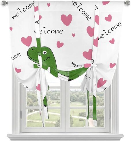 Cartoon Brontosaurus Tie Up Curtains for Small Windows,Adjustable Rod Pocket Welcome Pink Love Modern Valance 45 Inch Short, Window Treatment Balloon Roman Blind Shade, 34" x 45" in Kuwait