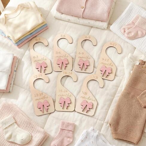 7 Pieces Wooden Baby Closet Dividers - 3D Coquette Pink Bow Baby Clothes Dividers for Closet Newborn Clothes Organizer Double-Sided Wardrobe Hanger Nursery Decor Birthday Gift (0-24 Months) in Kuwait