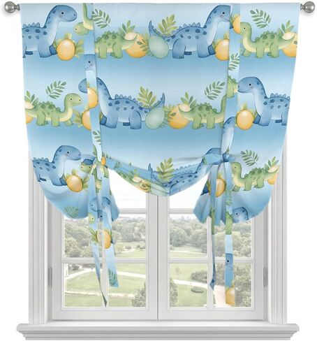 Cartoon Brontosaurus Tie Up Curtains for Small Windows,Adjustable Rod Pocket Tropical Leaves Animal Dino Eggs Blue Valance 45 Inch Short, Window Treatment Balloon Roman Blind Shade, 34" x 45" in Kuwait
