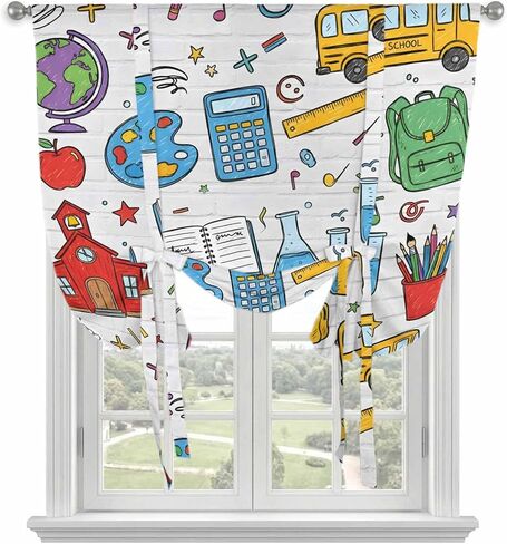 Cartoon Educational Elements Tie Up Curtains for Kitchen Windows,Adjustable Rod Pocket Modern Art Childhood Valance 54 Inch Long, Window Treatment Balloon Roman Blind Shade, 42" x 54" in Kuwait