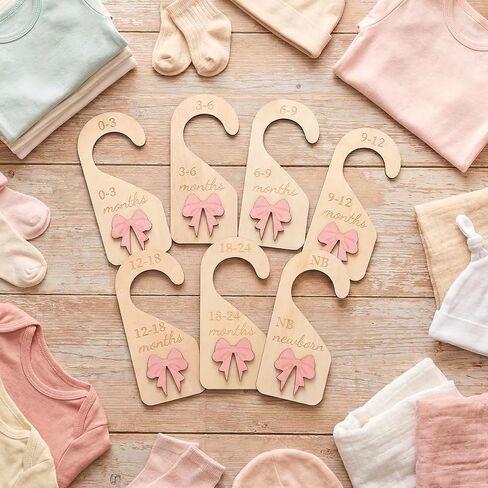 7 Pieces Wooden Baby Closet Dividers - 3D Coquette Pink Bow Baby Clothes Dividers for Closet Newborn Clothes Organizer Double-Sided Wardrobe Hanger Nursery Decor Birthday Gift (0-24 Months) in Kuwait