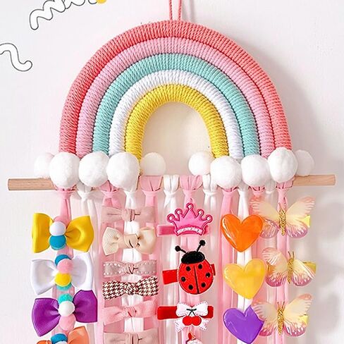 Rainbow Tassels Hair Bow Holder Hanging for Baby Girls, Hair Bow Organizer Headband Hair Accessories Organizer Storage Wall Hanging Decor Display for Baby Girls Room Decor in Kuwait