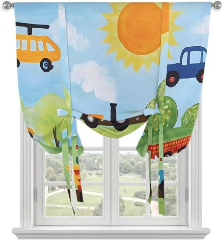 Cartoon Cat Tie Up Curtains for Small Windows,Adjustable Rod Pocket Funny Farmhouse Sun Train Truck Trees Valance 45 Inch Short, Window Treatment Balloon Roman Blind Shade, 34" x 45" in Kuwait