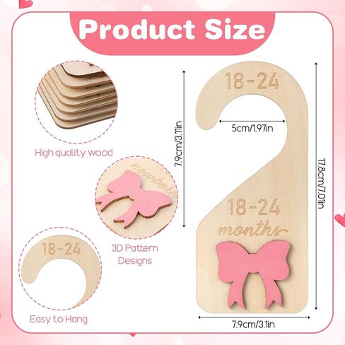 8Pcs Baby Closet Dividers - Bow Nursery Decor For Girl - Wooden Baby Clothes Size Dividers for Newborn to Toddler, Adorable Nursery Decor Hanger Dividers Easily Organize Your Little Baby Girls or Boys in Kuwait